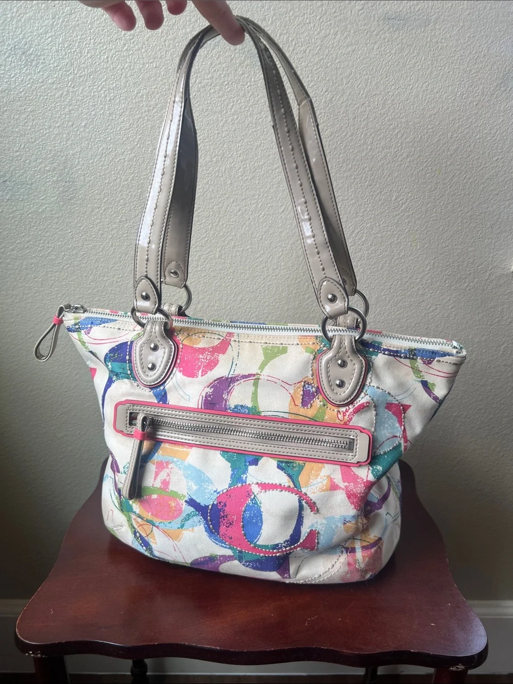 Coach Multicolor Circle Print Shoulder Bag with Silver Handles